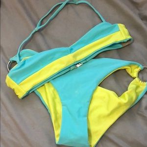 Blue a neon yellow reversible imsy bikini set